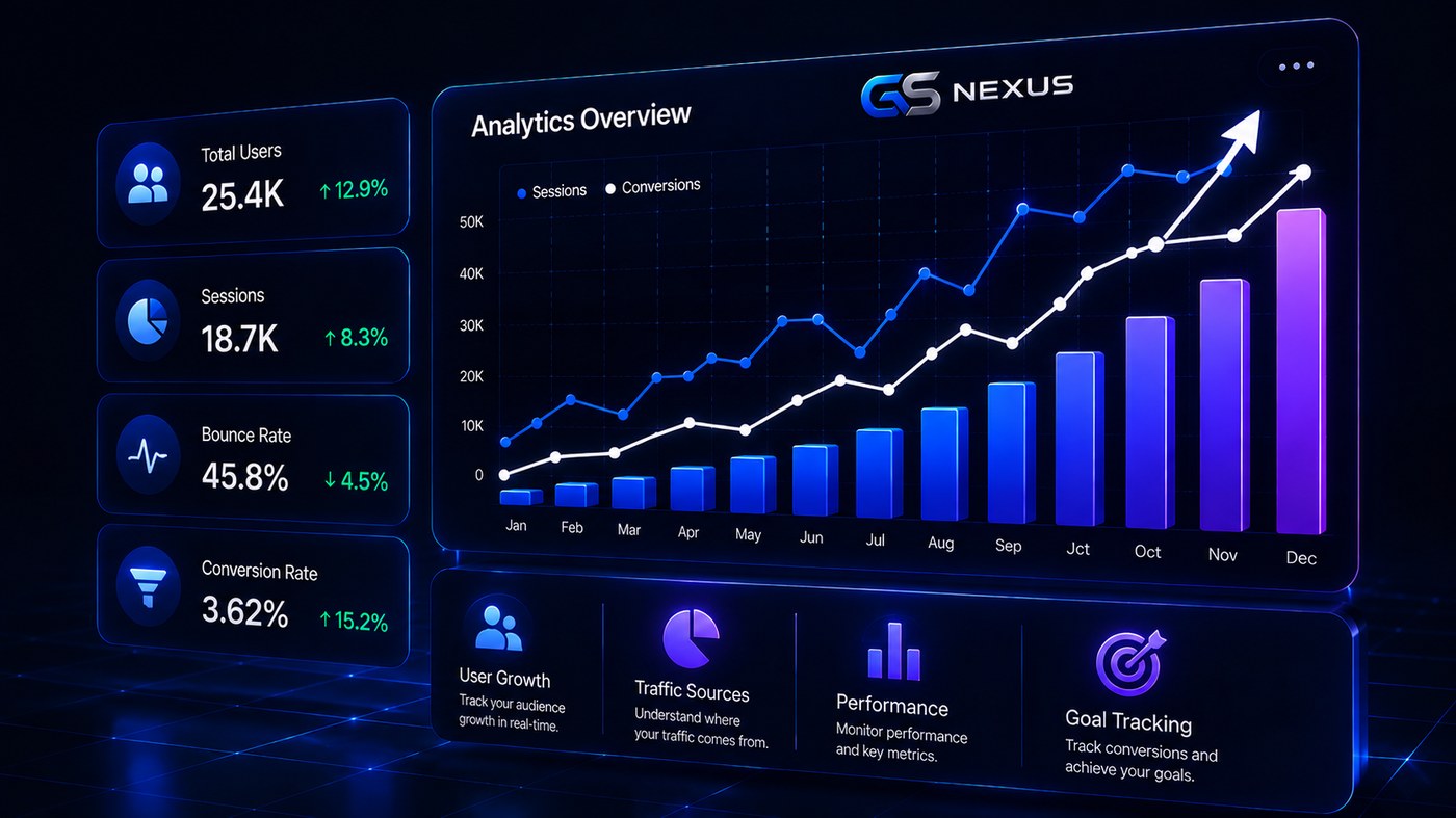GS Nexus live analytics overview with sessions conversions and growth chart